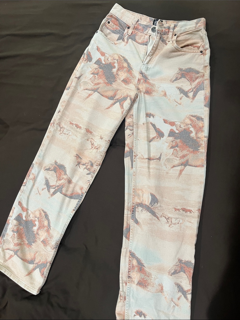 BDG High Rise Jeans in Pale Blue and Rust Horse Print